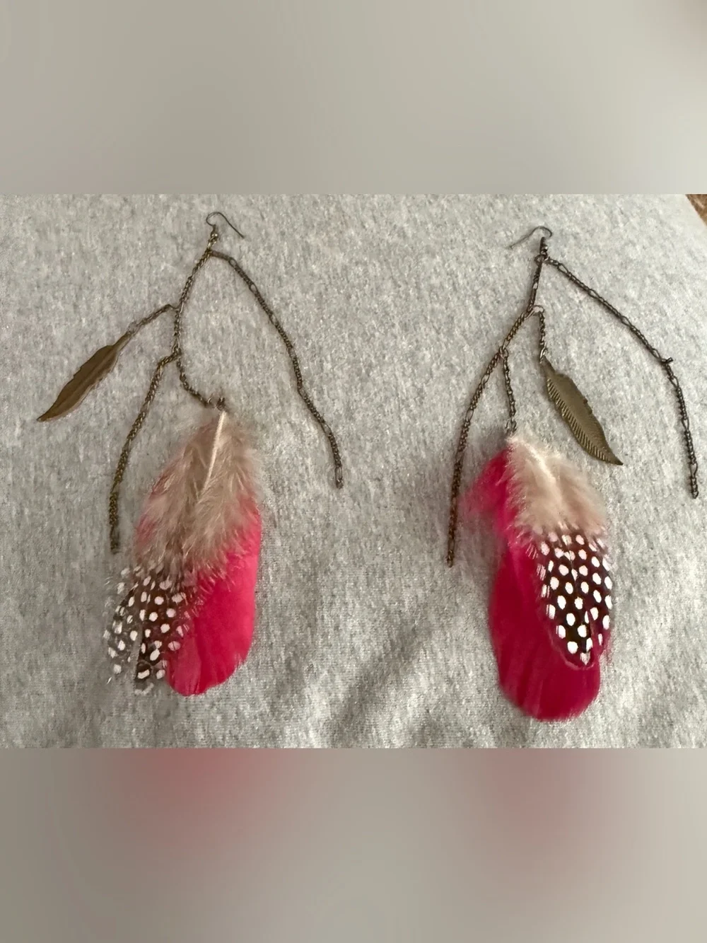 Boho Pink Feather Drop Earrings with Brass Leaf